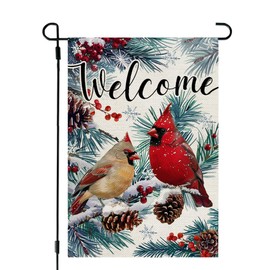 CROWNED BEAUTY Winter Cardinal Garden Flag 12x18 Inch Double Sided for Outside Small Welcome Burlap Holiday Yard Decoration CF1658-12