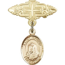 Gold Filled Baby Badge with St. Bruno Charm and Badge Pin with Cross 1 X 3/4 inches