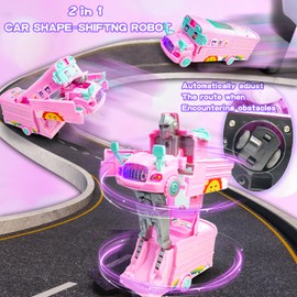 Transforming Car Toys for Girls 3 4 5-7 8 Year Old, 9"Smart Bus Toy Cars for Kids with LED Light and Music Transform, Race Car to Robot Toy for Boys Kids Toddles Christmas Birthday Gifts (Pink)