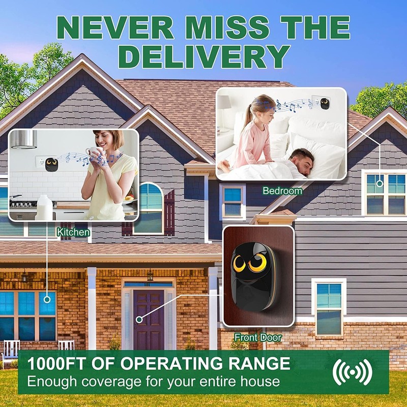 Wireless Doorbell, Cute Owl Doorbell Weatherproof IP55 Outdoor Remote Push
