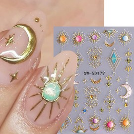 Sun Moon Nail Art Stickers Decals 5D Embossed Bohemian Style Nail Decals 2PCS Metallic Gold Lace Lines Green Gem Luxury Nails Design Adhesive Stickers Manicure Slider for Women Nail Art Decorations