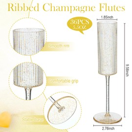 Suclain 16 Pack Gold Ribbed Acrylic Champagne Flutes Bulk 5.5 oz Unbreakable Goblet Glasses Reusable Vintage Champagne Glasses Toasting Cups Wine Drinking Modern Elegant for Wedding Party Birthday