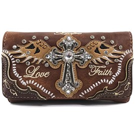 Justin West Cross Angel Wings Love Faith Hope Embroidery CCW Concealed Carry Shoulder Purse Messenger (Brown Wallet Only)