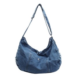 FUKEFUKEUS Denim Shoulder Bag for Women,Canvas Tote Messenger Bag with Zipper,Large Casual Crossbody Hobo Handbag Denim Purse
