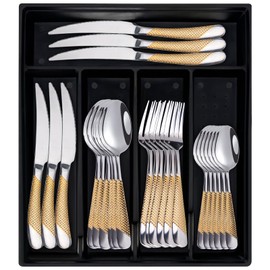 24-Piece Silverware Set with Organizer, Stainless Steel Flatware for 6, Cutlery Utensil Sets with Antiskid Handle, Rust-proof Stainless Steel Cutlery, Mirror Polished,Dishwasher Safe (Gold-silver)