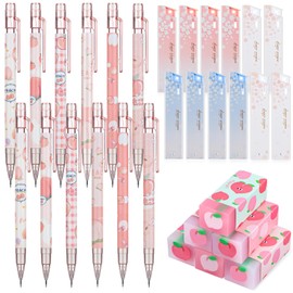 Breling 30 Pcs Kawaii Peach Mechanical Pencil Christmas Stationery Gift set Include 12 Mechanical Pencils 6 Cute Peach Erasers 12 Tube HB Pencil Refills School Office Gift(0.5mm)