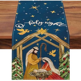 Jesus Christian Holy Night Christmas Table Runner 13x72inch Home Kitchen Table Runner Party Decoration -C 13x72 inch