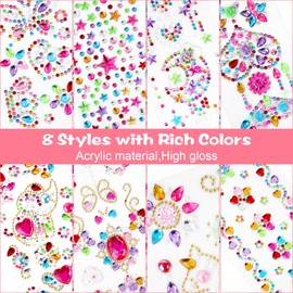 cobee 8 Sheets Gem Stickers Jewels for Crafts, Stick on Gems Rhinestones for Kids, Self Adhesive Jewels Stickers for DIY Face Gems Makeup
