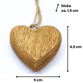 10x Wooden Heart Pendant with Jute Ribbon Approx. 4.5 x 5 cm, Decorative Hanger, Flat Wooden Hearts for Hanging