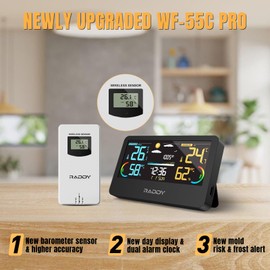 Raddy WF-55C PRO Weather Station Wireless Indoor Outdoor Thermometer Hygrometer Barometer, Weather Forecast, Color Display with Remote Sensor for Home Use
