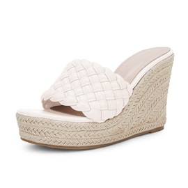 Ermonn Sandalias de cuña de plataforma para mujer, alpargatas trenzadas con puntera abierta, zapatos de tacón alto, Crema, 9 US
