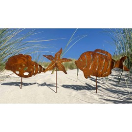 LB H&F Set of 3 Garden Stakes, Maritime Decorative Garden Decoration, Rust Stakes, Fish/Starfish/Shell, Rust, Metal, Weatherproof (Set of 3, 2)