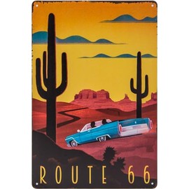 Historical Retro Vintage Tin Sign with Souvenir Travel Motif, Holiday, Adventure, Holiday Decorative Sign, 30 x 20 cm (Route 66, USA)