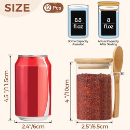 ComSaf 12 Pcs Glass Spice Jars with Lids and Spoons, 8oz Glass Containers with Bamboo Lids, Glass Storage Containers with Airtight Lids with 275 Labels for Seasonings, Salt, Loose Leaf Tea Storage