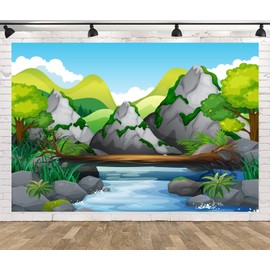 CORFOTO Cartoon Mountain River Backdrop 7x5ft Fabric Nature Scene Green Trees Wood Stone River Background for Jungle Safari Themed Birthday Decorations Zoo Party Banner Kids Baby Shower Photo Props