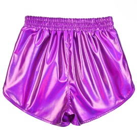 Girls Purple Metallic Shorts Shiny Hot Pants Sparkly High Waisted Rave Bottoms for Dance Festival