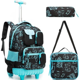 Meetbelify Boys Rolling Backpack with Wheels Kids Travel Luggage with Lunch Box Pencil Case for Elementary Students 18inch Carry on Suitcase for Boys Ages 8-10