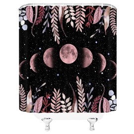 ZWSMZW Moon Phase Shower Curtain Moonlit Garden Boho Floral Starry Night Vines Frame Leaves Plants Magic Lunar Black and Pink Bathroom Bathtub Decor Fabric Curtains with Hooks