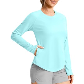 UPF50+ - Camisas de protección solar para mujer, con bolsillo con cierre, manga larga, para entrenamiento, natación, senderismo, secado rápido, Verde claro, XX-Large