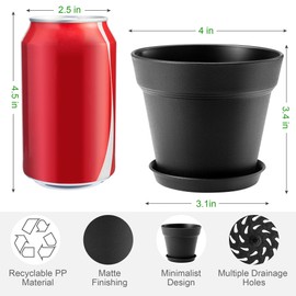 FHWTY 4 Inch Plastic Plant Pots 6 Pack, Small Flower Pots with Drainage Holes and Tray, Thickened Indoor Planters Seedlings Nursery Pots, African Violet, Succulent and All House Plants, Black