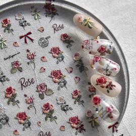 ROFIBUT Rose Nail Art Stickers 5D Embossed Retro Flower Nail Decals Spring Summer Rose Flowers Nail Stickers Self Adhesive Cute Bow Designer Nail Art Supplies for Women Manicure Nail Decoration
