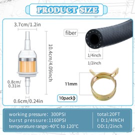 Pangda 20 ft x 1/4 Inch Fuel Line Set, 6 Meter/ 20 Feet Fuel Line with 2 Pcs Fuel Filters and 10 Pcs Hose Clamps for Small Engine