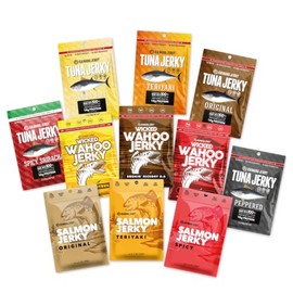 Kaimana Jerky Variety Pack - Ahi Tuna, Salmon & Wahoo Ono Fish Jerky - All-Natural, Wild-Caught, Protein-Packed, Omega-3 Rich - Made in Hawaii - 11 Bags, Great Gift for Dad or Military Care Package - 11/0.5 oz Bags