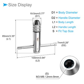 CoCud Tap Wrench Handle, Fit M3-M8 / 2mm-9mm Taps Size 85mm Body, Chrome Plated T-Handle Adjustable Wrench Reamer Tapping Hand Tool - (Applications: for Hand Tapping Operations)