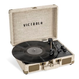 Victrola Journey+ Signature Turntable Record Player – 33-1/3, 45 & 78 RPM Suitcase Vinyl Record Player, Bluetooth Connectivity & Built-in Speakers, Stereo RCA Output, Linen Finish (Cream)