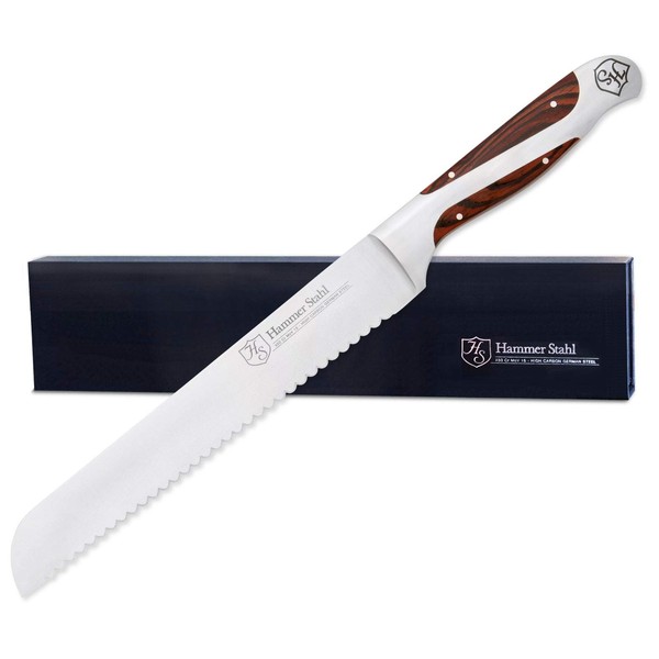 Hammer Stahl 8-Inch Bread Knife - Scallop Serrated Blade - High Carbon German Steel - Ergonomic Quad-Tang Pakkawood Handle