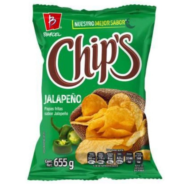 Barcel - Papas Chip's sabor Jalapeño 655g Chips Verdes Papas Fritas Bolsa Grande Excelente Botana Snaks