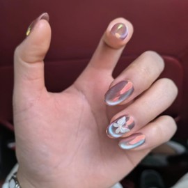 Short/Medium Oval Nails Handmade Glitter Press on Nails with Designs, Cat Eye/Aurora Women Reusable False Nails (Butterfly#Medium)