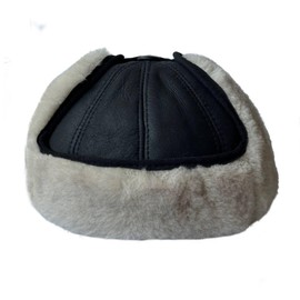 Real Sheepskin Shearling Leather Fur Pilot Visor Aviator Trapper Ushanka Elmer Fudd Hat S - 3XL Black (Large, Black/Ivory Fur)
