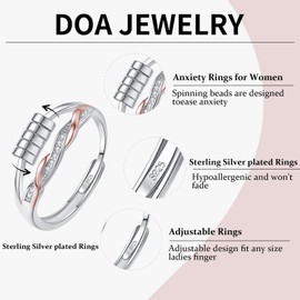 DOA 925 Sterling Silver Fidget Ring, Adjustable Thumb Anxiety Rosegold Ring for Anxiety Women, Spinner Twited Rings to Relieve Stress & Worry in Platinum
