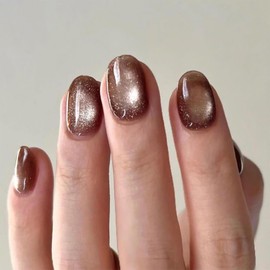 Press on Nails Short Cat Eye Oval Acrylic Nails Press ons Bling Solid Color Dark Brown Full Cover Glue on Nails Glossy Artificia Fake Nails Silver Glitter Stick on Nails for Women Girls 24 Pcs