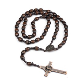WeddHuis Rosary Necklace Natural Wood Prayer Chain Catholic Cross Jesus Christ Saint Benedict Medal for Catholic Christians Religious Communion Baptism Mass Bible