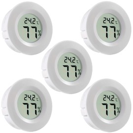 5Pcs Mini Round Hygrometer Thermometer Digital LCD Monitor Meter Gauge Indoor Outdoor Humidity Temperature Gauge for Humidifiers Dehumidifiers Greenhouse Basement Babyroom Fahrenheit or Celsius White