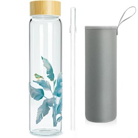 Ferexer 32 oz Glass Water Bottle with Straw, Wide Mouth Borosilicate Glass Bottle with Bamboo Lid and Neoprene Sleeve (32oz, Blue Leaves)