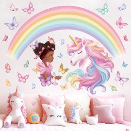 wondever Large Rainbow Unicorn Wall Stickers Black Girls Butterfly Peel and Stick Wall Art Decals for Baby Nursery Girls Bedroom Toddler Room