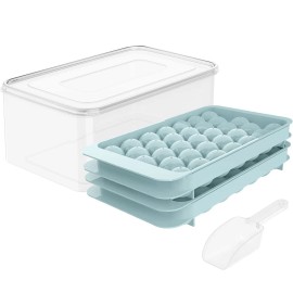 WIBIMEN Round Ice Cube Tray with Lid & Bin Ice Ball Maker Mold for Freezer with Conta...