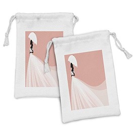 Ambesonne Bridal Shower Fabric Pouch Set of 2, Bride in Abstract Romantic Wedding Dress with Umbrella Artwork Print, Small Drawstring Bag for Toiletries Masks and Favors, 9" x 6", Salmon and White