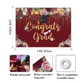 Congrats Grad Backdrop Red Gold Glitter Graduation Party Decorations Photography Background,Graduation Backdrop 2025, Congratulations Banner (7x5ft)