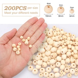 QGYM Wooden Beads for Threading 600 Pieces Natural Round Wooden Beads with Hole for Macrame 3 Sizes (10 mm 8 mm 6 mm)
