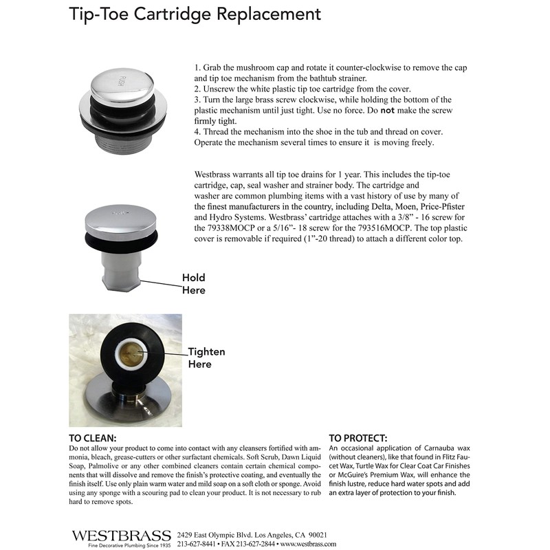 Westbrass 79338MOCP Replacement Tip-Toe Bathtub Drain Stopper with 3/8" Stem,