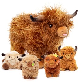 OUOZZZ Highland Cow Cuddly Toy Set, Soft Highland Cow Plush Toy with 4 Baby Highland Cow Soft Toys in the Belly - Baby Gift for Boys Girls Children from 3 Years
