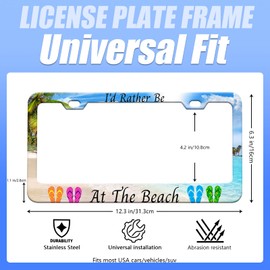 I'd Rather Be at The Beach Palm Tree License Plate Frame,Hawaii Flip Flops License Plate Holder Rust-Proof Waterproof Stainless Steel2 Hole License Plate Holder for Men Women 12x6 Inches