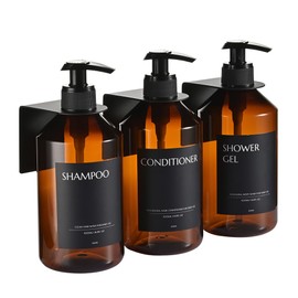 Janxin Pack of 3 Wall Mounted Soap Dispensers, 500 ml Shampoo Bottles for Filling, Shower Gel Dispenser, Soap Dispenser Set, No Drilling for Kitchen and Bathroom (Brown Bottle + Black Head)