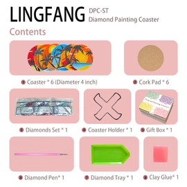 LINGFANG 6 Pcs Diamond Painting Coasters Kits, Sunset DIY Diamond Art with Holder & Cork Pad Non Slip Coaster for Beginners, Diamond Painting Coaster Supplies Gift for Adults,Landscapes Trees