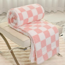 DREAMLANDING Sherpa Fleece Blanket Sofa Throw Double-Sided Super Soft Warm Throw Blanket For Bed, Sofa, Couch (Pink Checkered, 150×180cm)