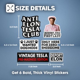 Funny Elon Sticker Pack – 6 Large Bumper Vinyl Decals: “Vintage Pre-Madness Edition”, “Dog Mode”, “Zero Emissions”, “No Elon Club” – Waterproof for Car, Laptop & More
